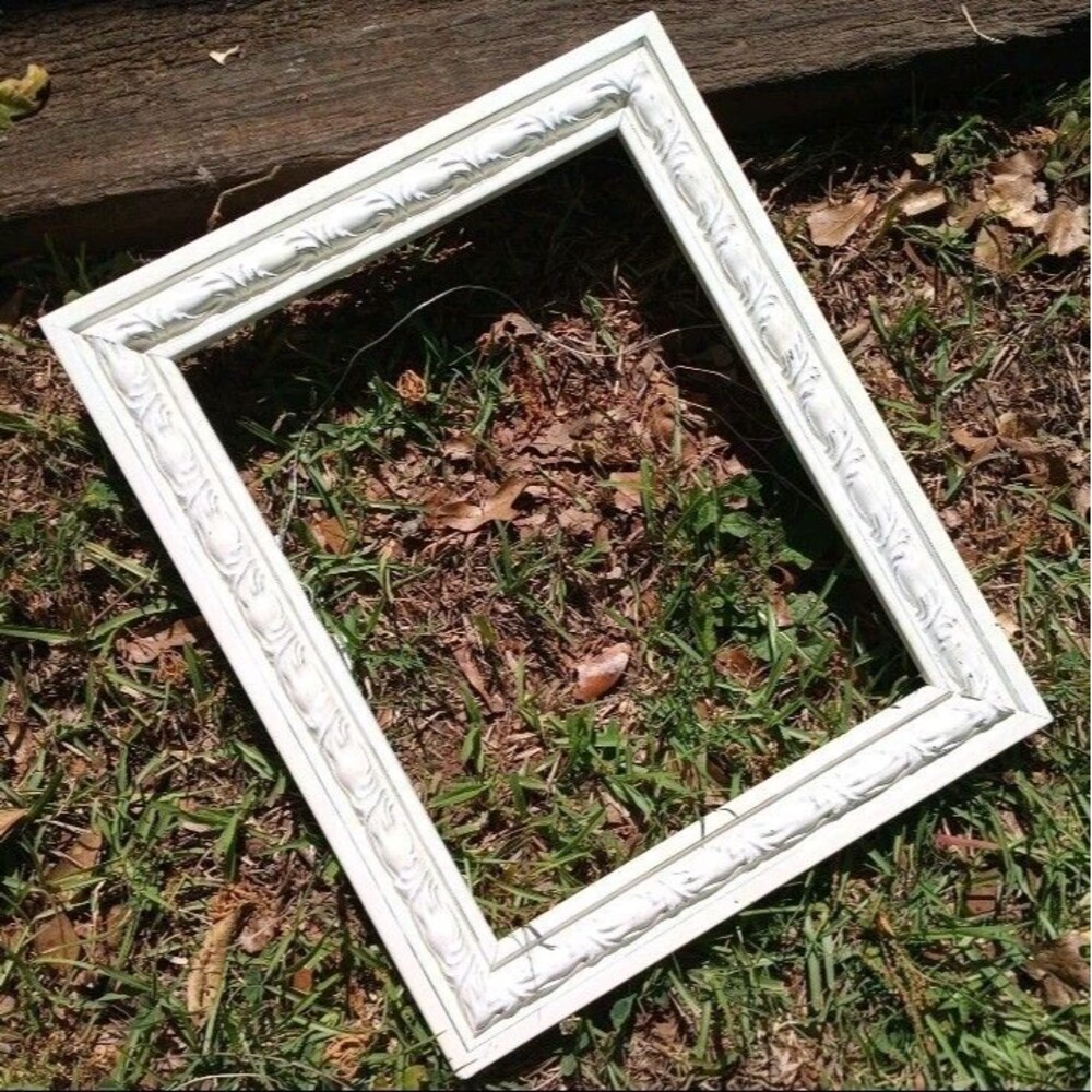 Vintage Wooden 11 X 14 Frame Ornate White Distressed For Decor Or Photo No Glass